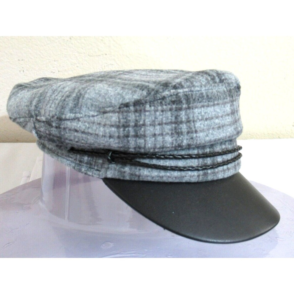 Vince Camuto Gray Plaid & Faux Leather Newsboy Hat Women's One Size EUC